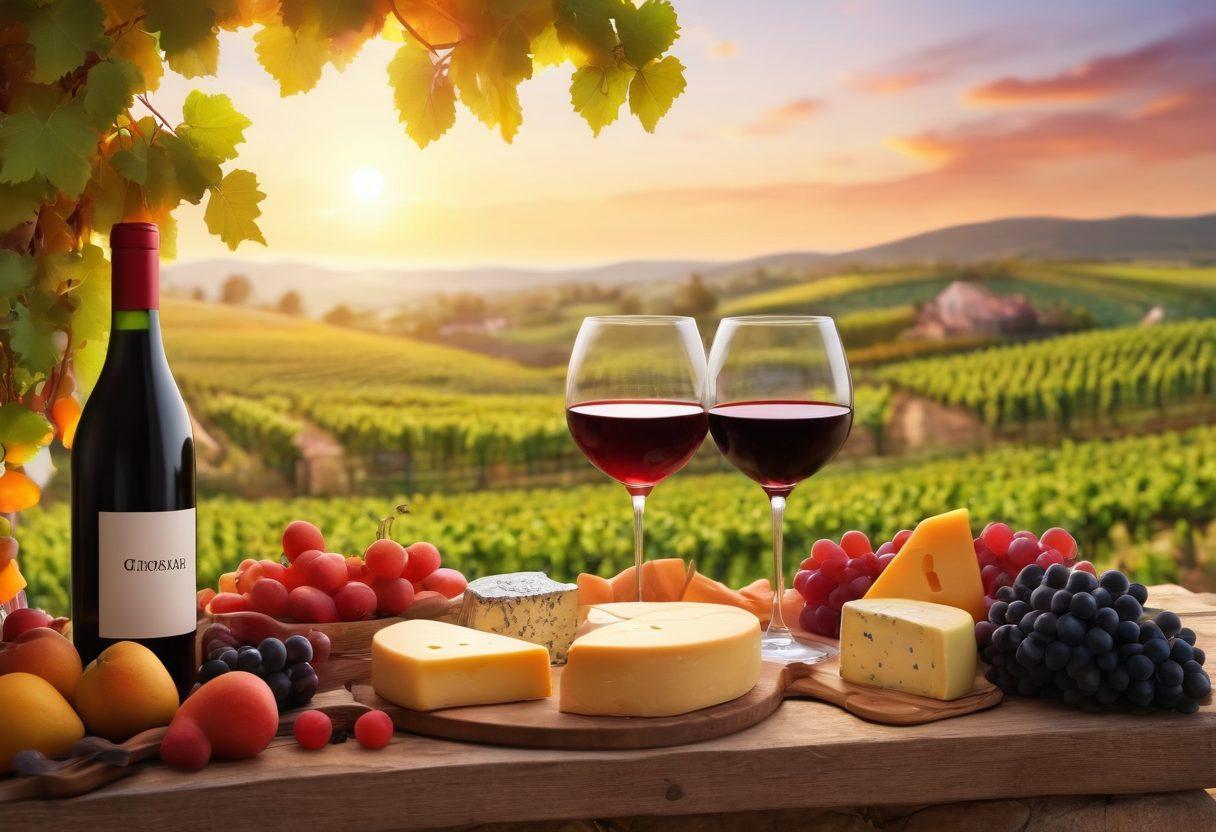 A cozy vineyard scene at sunset with two glasses of red wine clinking together in the foreground, surrounded by a colorful array of cheese and fruits. In the background, rows of grapevines stretch towards the horizon, with a small sign highlighting sustainable practices like organic farming. Emphasize warm hues and inviting atmosphere. super-realistic. vibrant colors. 3D.