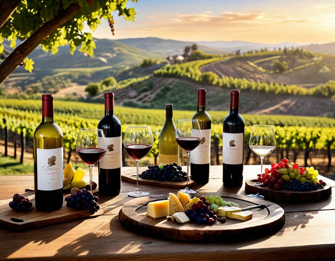 A rustic wooden table adorned with a selection of organic and artisanal wine bottles, surrounded by grapevines and wine glasses capturing the sunlight. In the background, a picturesque vineyard landscape unfolds, showcasing rolling hills and a vibrant sunset. Artistic touches of swirling wine in the glasses and delicate cheese pairings add to the sophistication. Capture the essence of wine culture with an inviting and warm atmosphere. super-realistic. vibrant colors. 3D.
