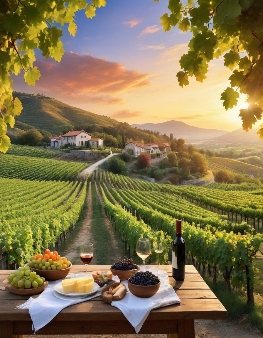 An enchanting vineyard landscape at sunset, showcasing rows of grapevines laden with ripe grapes, while a rustic wooden table displays a variety of artisanal wines and cheese. In the background, a quaint winery with a charming stone façade, and a couple toasting with wine glasses, exuding warmth and celebration. Lush hills and a picturesque sky add depth to the scene. super-realistic. vibrant colors. romantic atmosphere.